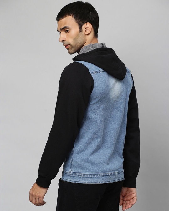 Shop Men's Blue Colorblocked Full Sleeve Stylish Casual Denim Jacket-Back