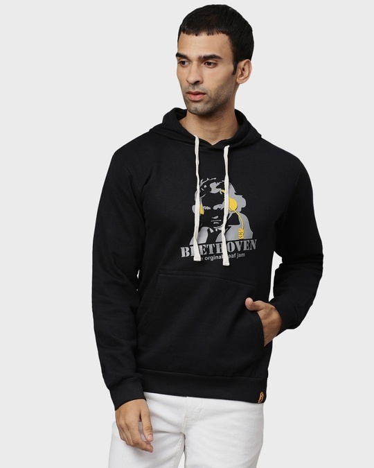 Shop Men's Black Typography Full Sleeve Stylish Casual Hooded Sweatshirt-Front