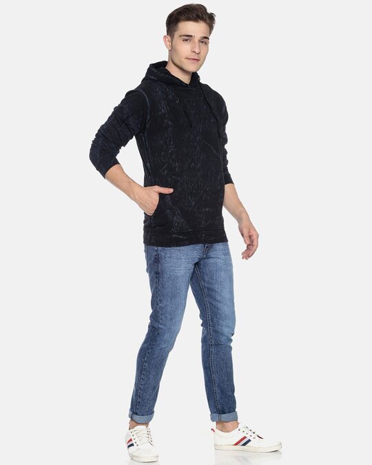 Shop Men's Black Self Design Stylish Hooded Sweatshirt-Full