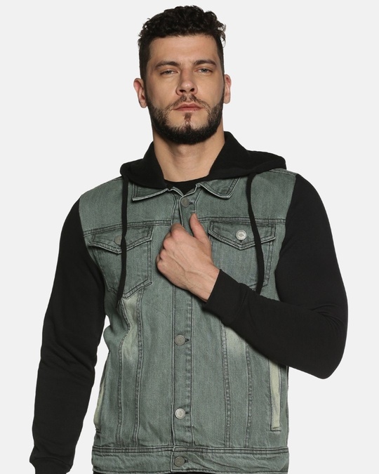Shop Men Solid Styles Hooded Casual Denim Jacket-Front