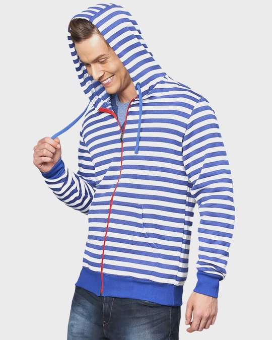 Shop Men's Blue Striped Full Sleeve Stylish Casual Zipper Hooded Sweatshirt-Design
