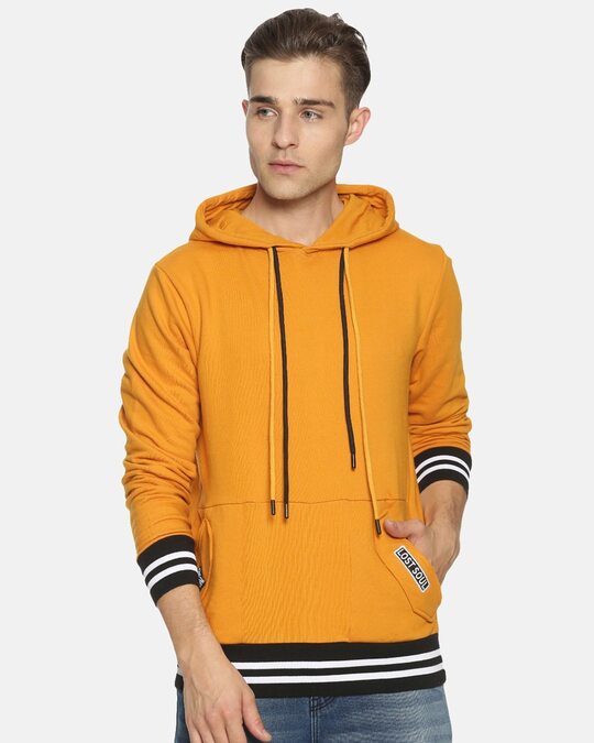 Shop Men's Yellow Stylish Solid Casual Hooded Sweatshirt-Front