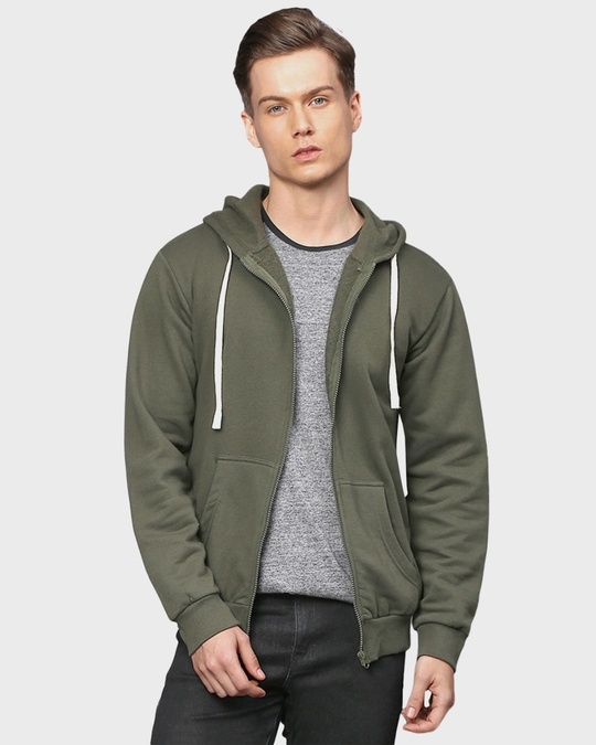Shop Men's Green Zipper Solid Full Sleeve Stylish Casual Hooded Sweatshirt-Front