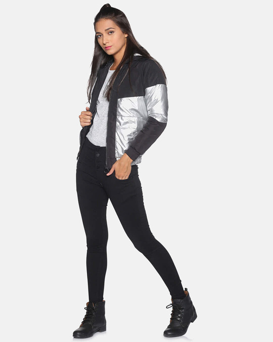 Shop Women's Black Colorblock Stylish Casual Bomber Jacket-Full
