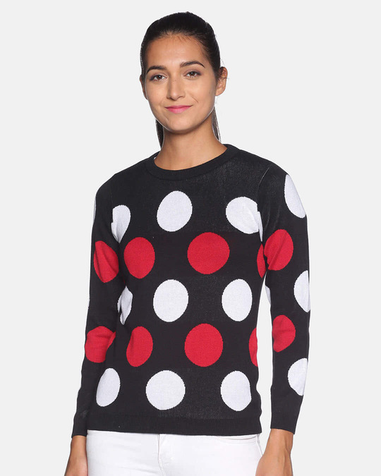 Shop Women's Polka Dots Black Stylish Casual Sweaters-Front