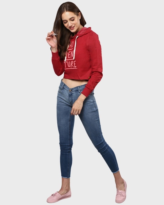 Shop Women's Maroon Printed Crop Casual Hooded Sweatshirt