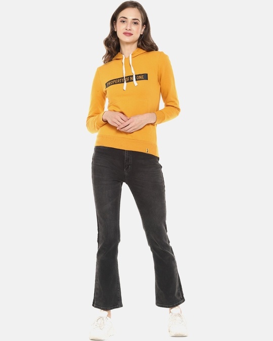 Shop Women's Yellow Typhography Stylish Casual Hooded Sweatshirt