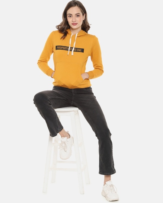 Shop Women's Yellow Typhography Stylish Casual Hooded Sweatshirt