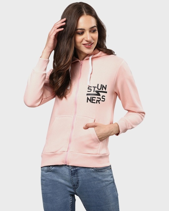 Shop Women's Pink Printed Stylish Casual Zipper Hooded Sweatshirt-Front