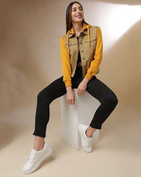 Shop Women's Beige Colorblock Regular Fit Jackets
