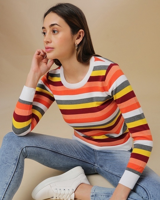 Shop Women's Multicolor Stripe Regular Fit Sweater