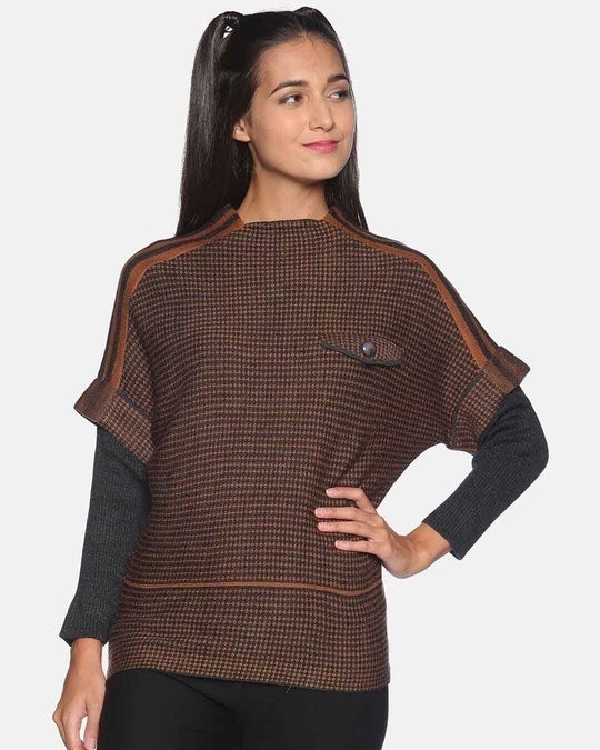 Shop Women's Self Design Brown Stylish Casual Sweaters-Front