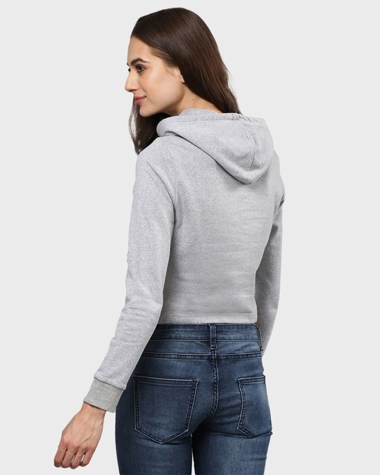 Shop Women's Grey Solid Crop Casual Hooded Sweatshirt-Back