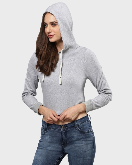Shop Women's Grey Solid Crop Casual Hooded Sweatshirt-Design