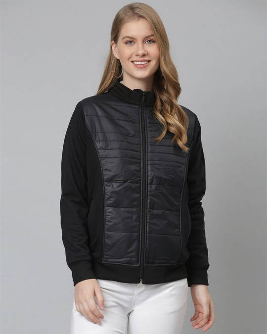 Shop Women's Black Solid Stylish Casual Bomber Jacket-Front