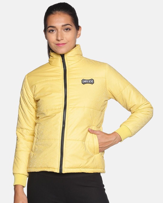 Shop Women's Solid Yellow Stylish Casual Bomber Jacket-Front