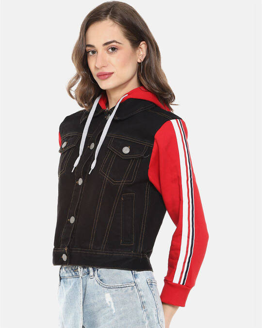 Shop Women's Black & Red Stylish Casual Denim Jacket-Full