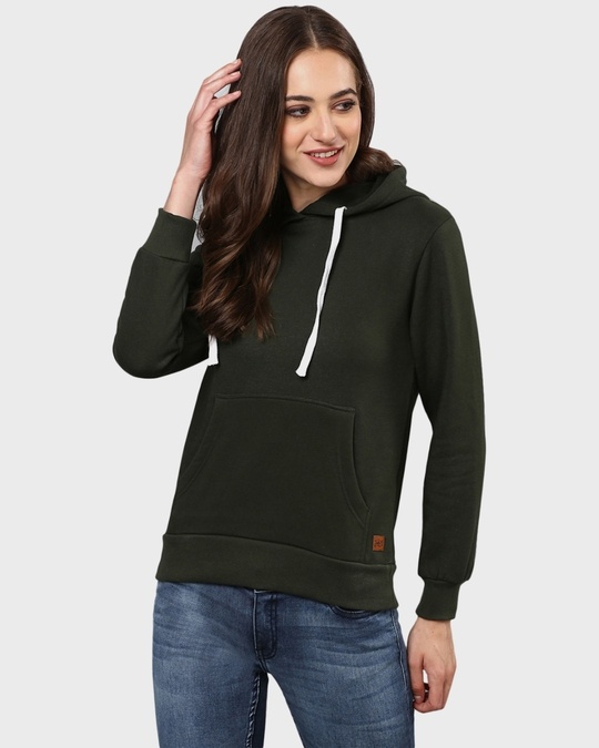 Shop Women's Green Solid Stylish Casual Hooded Sweatshirt-Front