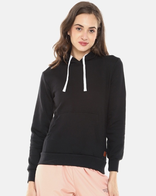 Shop Women's Black Solid Stylish Casual Hooded Sweatshirt-Full