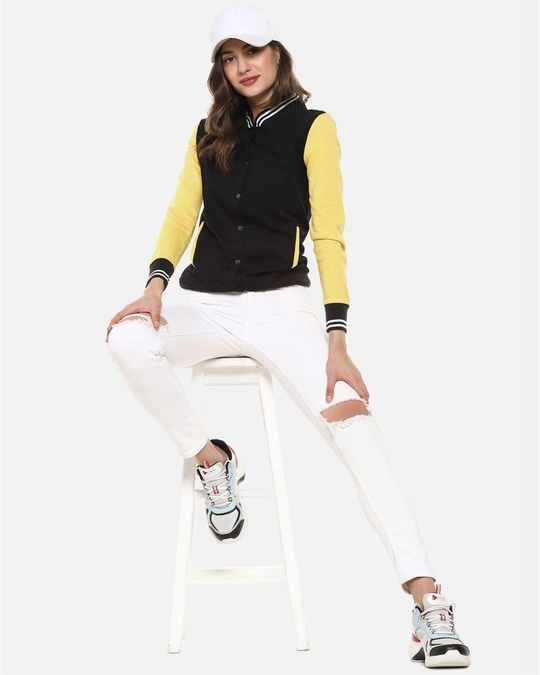 Shop Women's Yellow & Black Stylish Casual Varsity jacket-Back