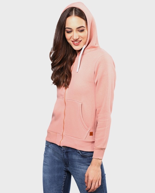 Shop Women's Pink Solid Stylish Casual Zipper Hooded Sweatshirt-Design