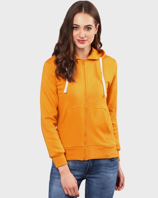 Shop Women's Yellow Solid Stylish Casual Zipper Hooded Sweatshirt-Front