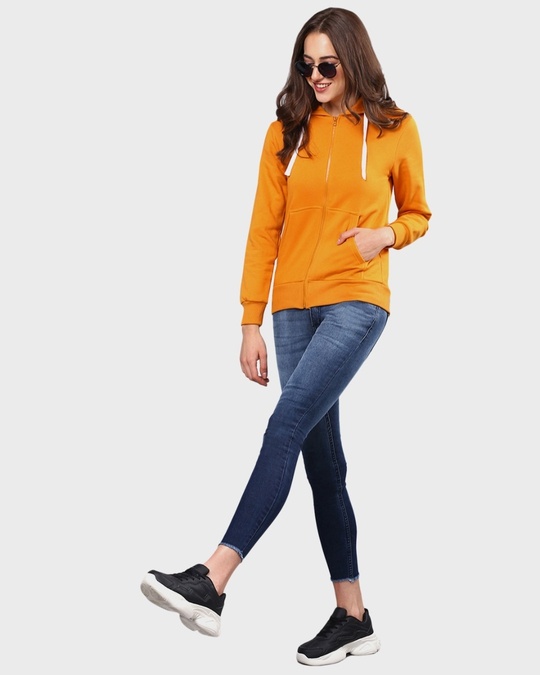 Shop Women's Yellow Solid Stylish Casual Zipper Hooded Sweatshirt