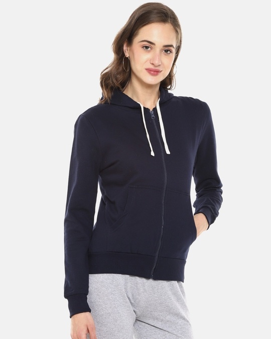 Shop Women's Blue Solid Stylish Casual Zipper Hooded Sweatshirt-Design