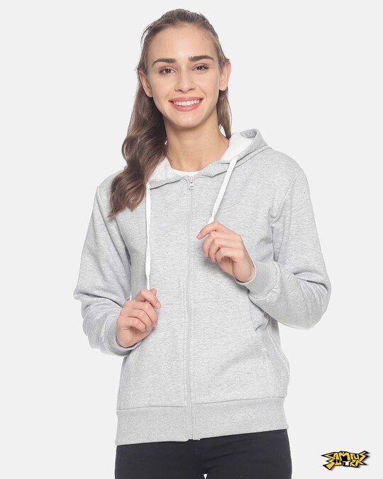 Shop Women Stylish Zipper Solid Hooded Sweatshirt-Front
