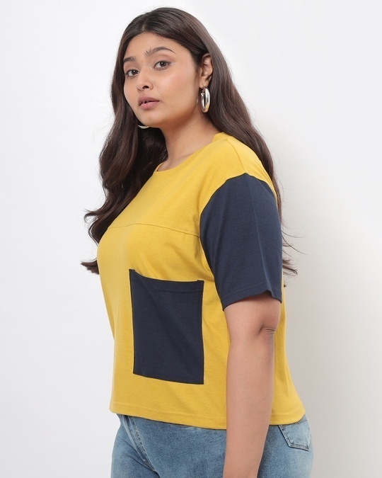 Shop Women's Ceylon Yellow Color Block Relaxed Fit  Plus Size T-shirt-Back