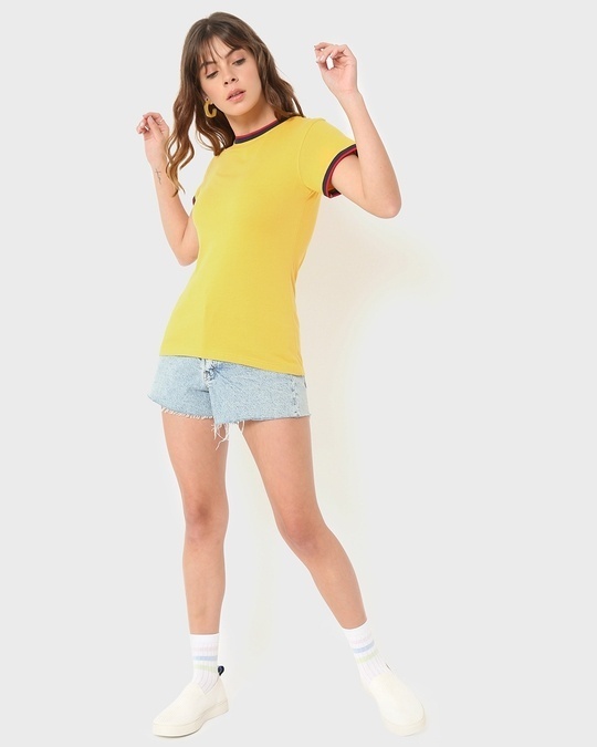 Shop Women's Yellow Varsity Half Sleeve Round Neck T-shirt-Full