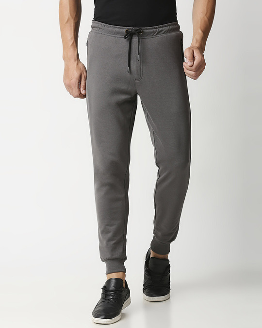 Charcoal Grey Men's Casual Jogger Pants With Zipper NR Plain
