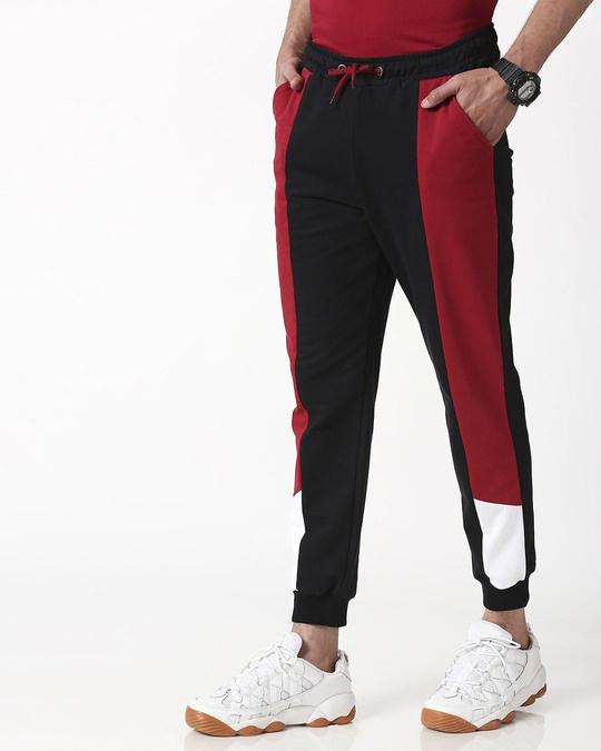 Buy Cherry Red Color Block Joggers Plain For Men Online India ...