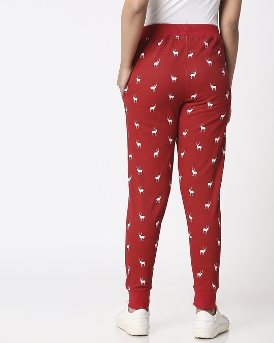 Shop Women Reindeer All Over Printed Red Jogger-Full
