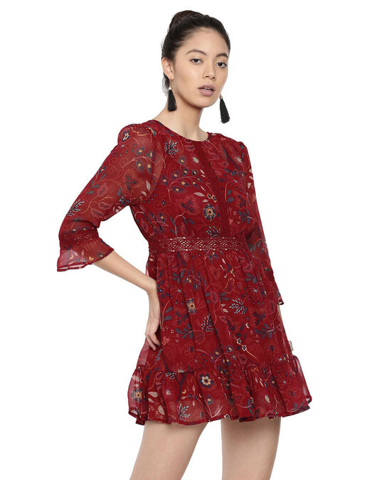 Shop Dancing Florals Printed Burgundy Shift Dress With Lace Detail For Women's-Back