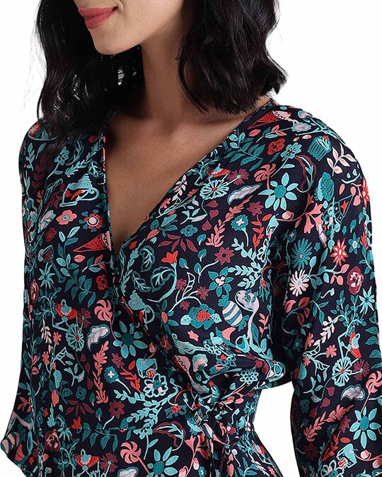 Shop Women's Blue Desserts And Floral Wrap Around Skater Dress-Full