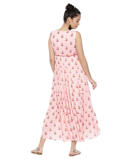 Shop Floral Printed Pink Tier A Dress For Women's-Full