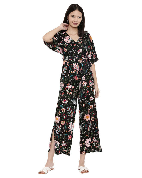 Shop Women's Floral Shrubs Black Slit Jumpsuit-Front
