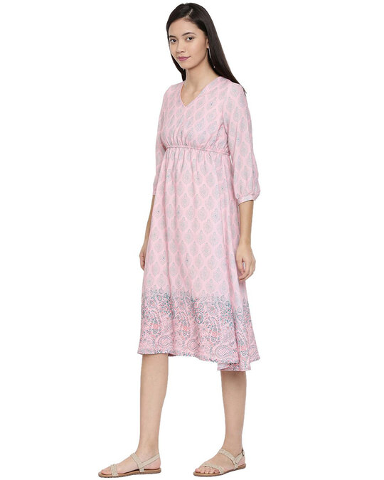 Shop Geometric Blooms Printed V-Neck Dress For Women's-Back