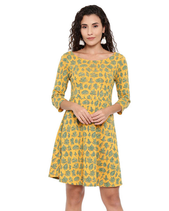 Shop Women's Yellow Leafy Seams Skater Dress-Front