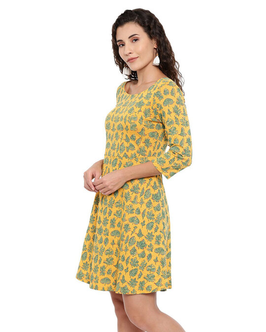 Shop Women's Yellow Leafy Seams Skater Dress-Design