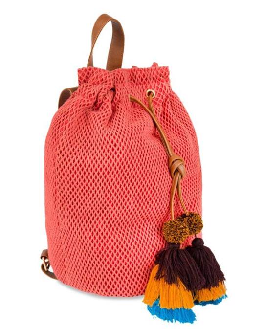Shop Women's Mesh Tassel Drawstring Coral Backpack-Front