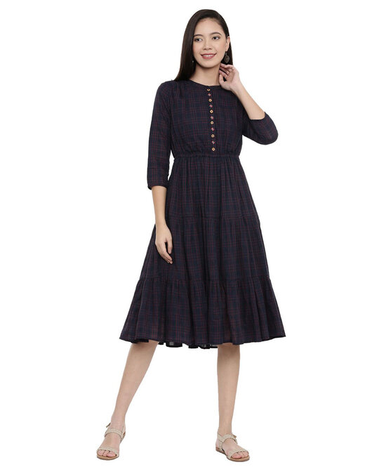 Shop Navy Check Swing Dress For Women's-Front