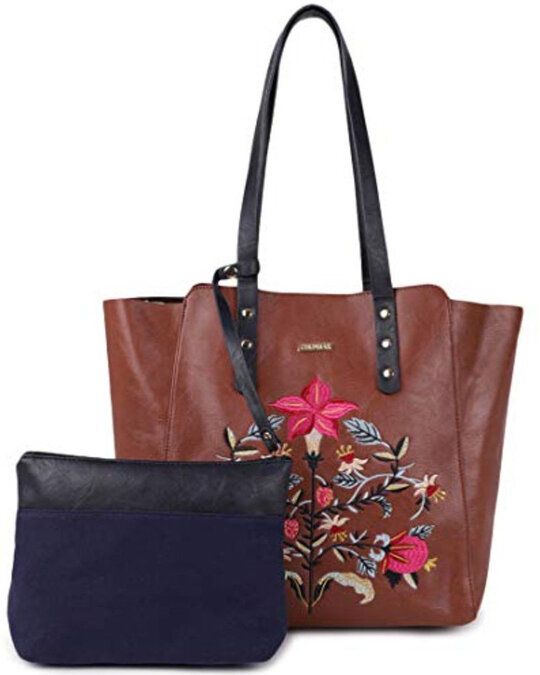 Shop Women's Tan Orchid Embroidered Tote Bag-Back