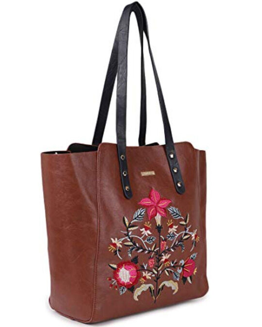 Shop Women's Tan Orchid Embroidered Tote Bag-Design