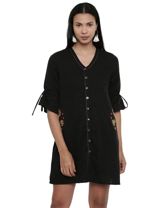 Shop Women's Black Pocket Posies Shirt Dress-Front