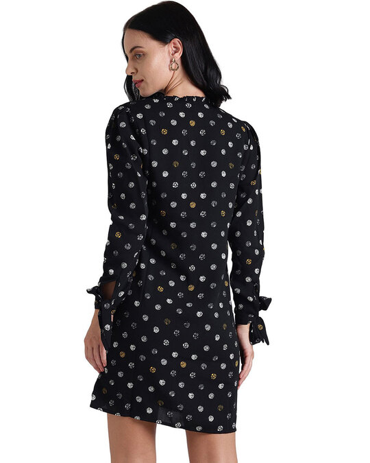 Shop Women's Black Polka Printed Black Tie Up Sleeves Dress-Design