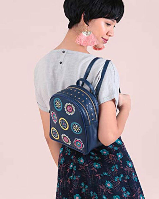 Shop Women's Blue Scallop Embroidery Backpack-Front