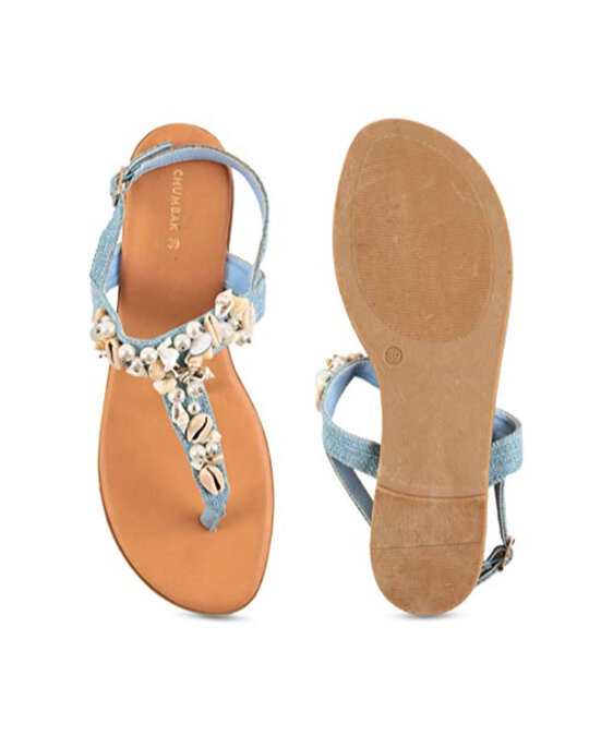Shop Women's Blue Seashells T Strap Sandals