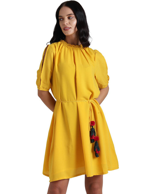 Shop Women's Yellow Slit Sleeve H Line Dress-Front